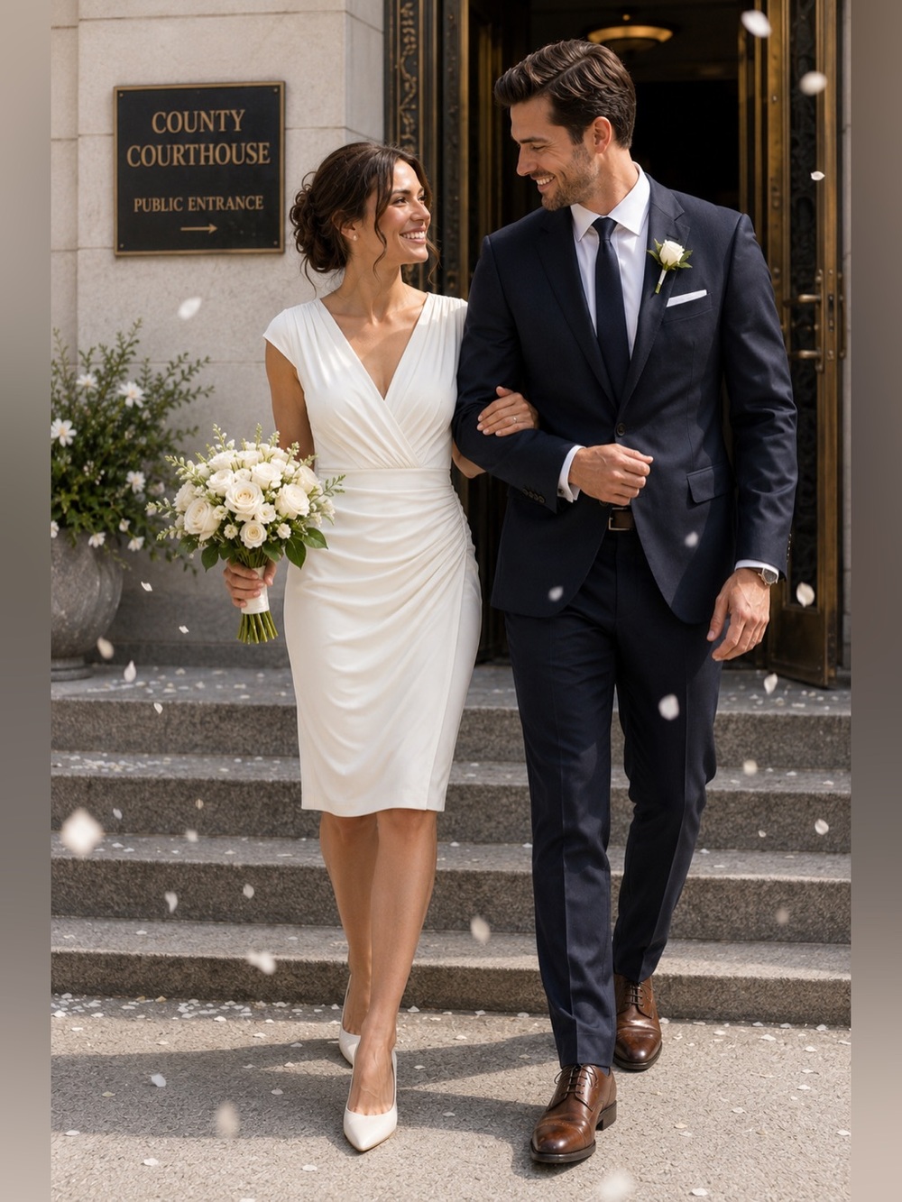 Ralph Lauren Ivory Sleeveless Ruched V-Neck Midi Dress court house wedding
